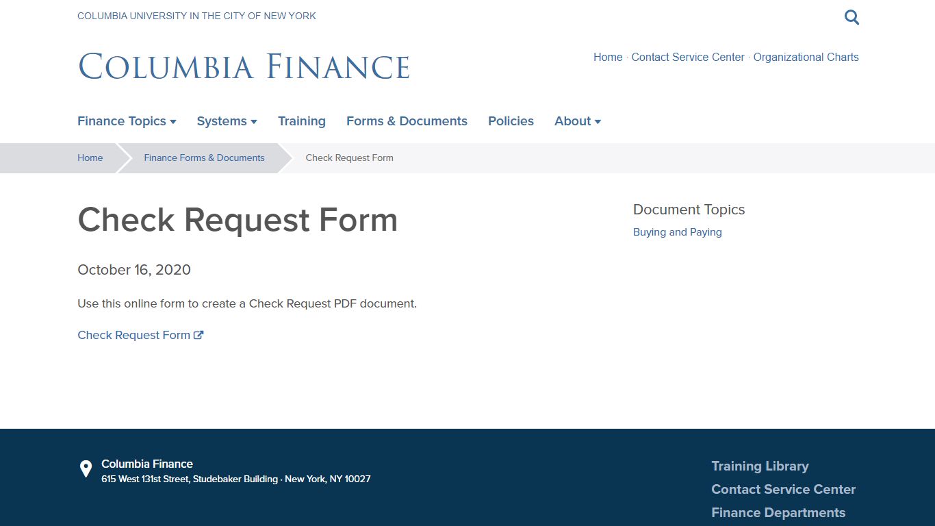 Check Request Form | Columbia Finance
